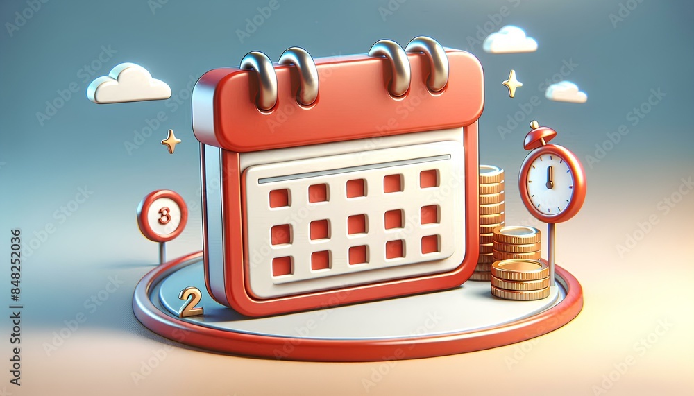 Poster red calendar icon on a white platform surrounded by various 3d elements, symbolizing the importance 