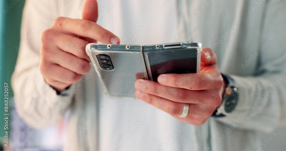 Poster Phone, typing and hands of business person scroll for online project, website review and social networking. Office, corporate and worker on digital technology for research, report and internet