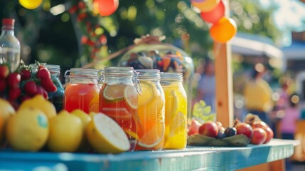 Colorful summer drinks in jars with fruits at an outdoor market under the sun. Refreshing beverages like lemonade and juice on display.