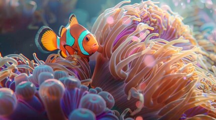 Obraz premium Vivid clownfish swimming among colorful coral reefs, showcasing aquatic beauty and marine life in vibrant underwater environments.