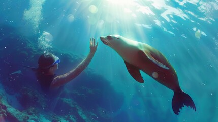 Swimmer Interacts with Friendly Sea Lion in Clear Blue Ocean Under Sunlight