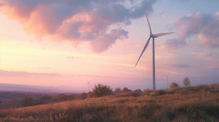 Obraz premium Wind turbine on a hill at sunset. Majestic clouds and colors in the sky. Clean and sustainable energy. Tranquil and scenic landscape view.