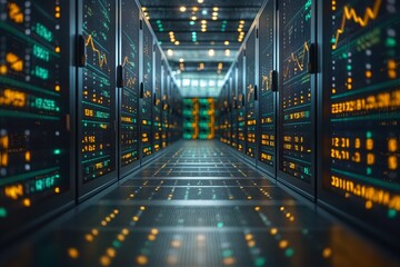 Data center with financial analysis screens