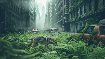 Wolf with abandoned city debris with green plants growing. Post apocalypse scene.