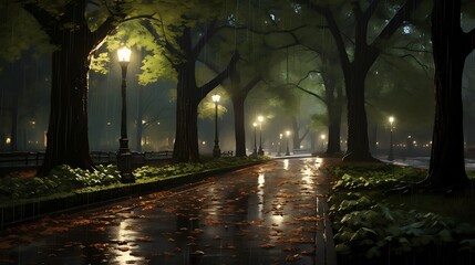 Obraz premium A Rainy Night in the Park: Serene Atmosphere Amidst Drizzling Rain