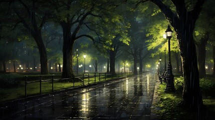 Fototapeta premium A Rainy Night in the Park: Serene Atmosphere Amidst Drizzling Rain