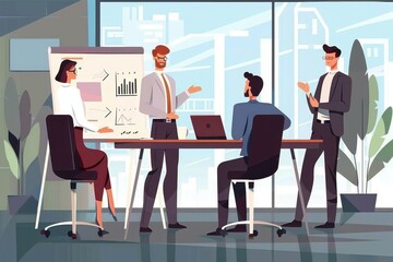 Two men and a woman in an office meeting analyze data and charts projected on a large screen