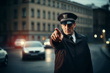 british policeman pointing with the finger in the direction of the camera, street scene