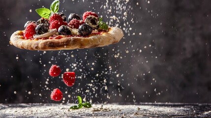 Fresh fruit dessert pizza with flying berries and sprinkling sugar