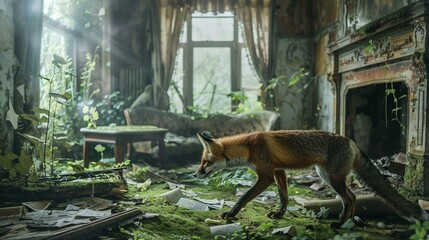 Red fox walk in building interior with abandoned debris with green plants growing. Post apocalypse scene.