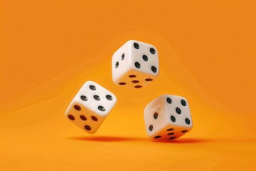 The image features three white dice mid-air with a vibrant orange background, conveying a sense of chance and gaming