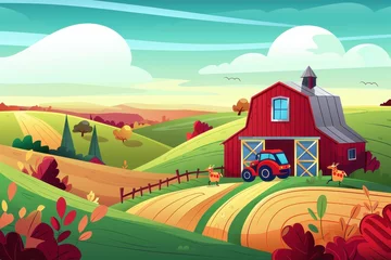 Fotobehang A beautifully styled animated image depicting a farm scene with a red barn, truck, and fields at sunset © Design Depot