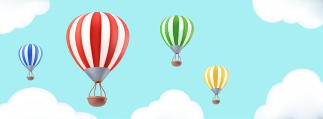 Hot air baloon striped with retro basket . Rising up airship, clay illustration isolated on white background. Aerostat for ballooning wind festival. Fly up to sky journey symbol. Travel in clouds