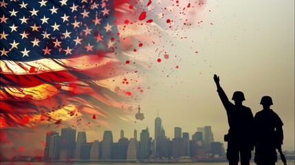 USA army soldiers saluting on a background of sunset or sunrise and USA flag. Greeting card for Veterans Day, Memorial Day, Independence Day. America celebration