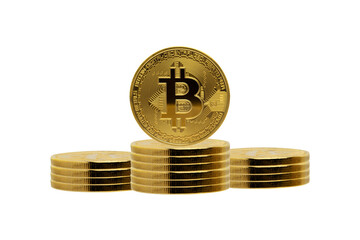 Golden bitcoins standing on transparent background png