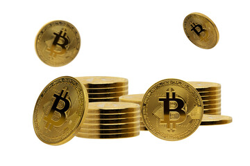 stacks of bitcoins cryptocurrency and flying bitcoin on transparent background png