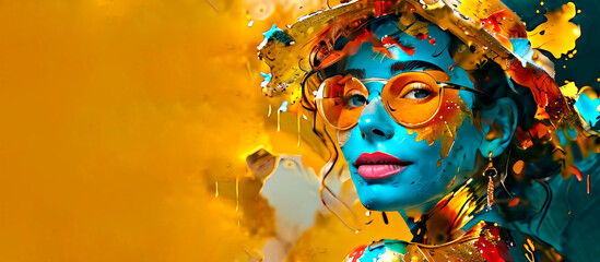 banner of a woman's face in a hat and glasses , carnival of colors of flowers and abstraction, abstract illustration, copy space