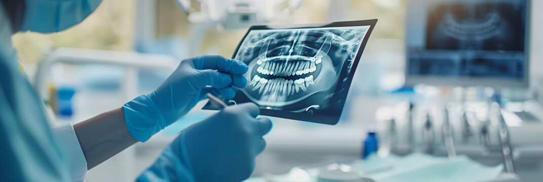 Hands doctor dentist in gloves show the teeth on x-ray on digital screen in dental clinic on light background with medical equipment. Smile healthy teeth concept, close up
