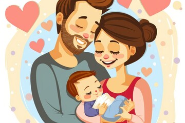 A heartwarming family moment captured in a cartoon illustration, with a man holding a baby, surrounded by hearts Face is blurred