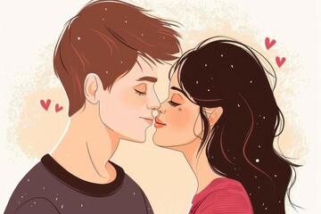 Illustrated image depicts a couple in a close, affectionate pose highlighted by heart symbols, suggesting a moment of romance and love