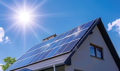 Modern House with Solar Panels on Rooftop at Sunset, Green Energy Concept for Sustainable Home Power