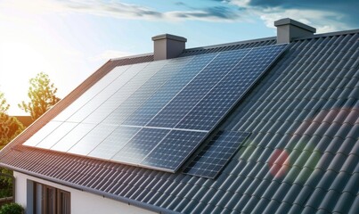 Obraz premium Modern House with Solar Panels on Rooftop at Sunset, Green Energy Concept for Sustainable Home Power