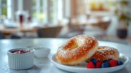 A pair of sesame bagels served on a white plate, accompanied by a small ramekin of mixed berry jam and fresh blueberries