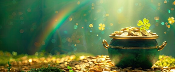 Pot of Gold at the End of a Rainbow with Shamrock Leaves. Green Background for St. Patrick's Day Banner