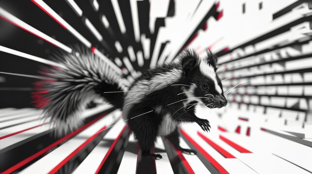 Black and white photo of a skunk walking with red and white lines in the background.