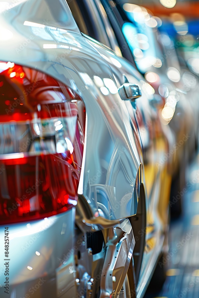 Poster efficient mass production assembly line of modern cars in operation at a busy and advanced factory