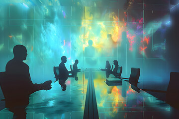 Imagine a surreal meeting room where holographic projections of venture capitalists float above an ethereal