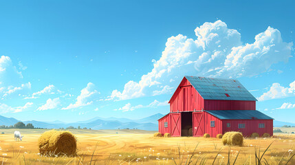 A colorful cartoon illustration of a farm scene featuring a red barn, straw bales, and hay piles under a bright blue sky with fluffy clouds. The image captures the essence of rural farm life