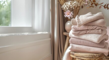 Cozy Knitted Sweaters in Soft Pastel Colors Stacked by a Window with Dried Floral Decor