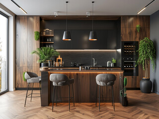 Explore a wooden kitchen infused with eco elements and autumnal decorations