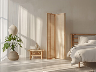 Immerse yourself in a light-filled bedroom complemented by a bicycle and mirror