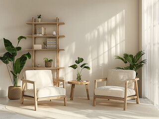 Sleek office design with armchairs, plants, and wooden table