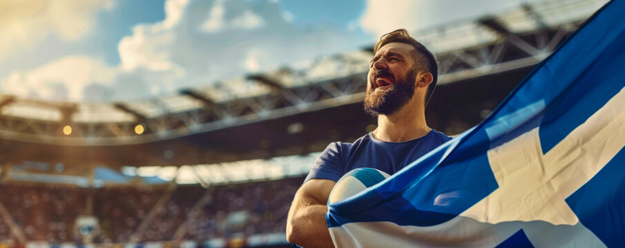 Happy Scottish male supporter with Scottish flag, Scottish male fan at a sports event such as football or rugby match, blurry stadium background, copy space
- Powered by Adobe
