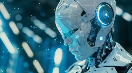 Fototapeta premium A robot with a blue face and blue eyes stands in a room