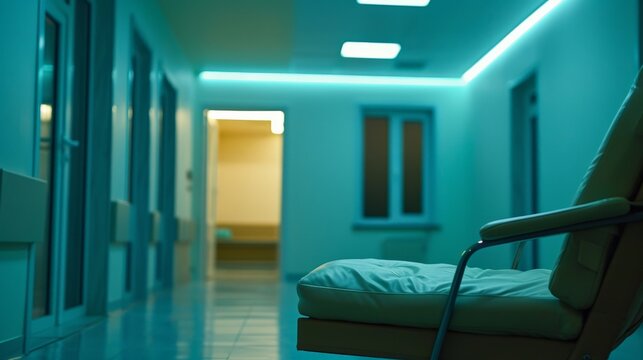 The hospital's long, empty hallway is dimly lit, with a single gurney sitting at the end.