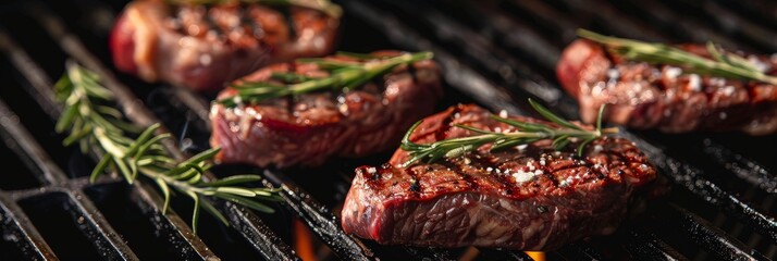 Close up of rosemary and salt seasoned steaks grilling on a charcoal grill. Copy space