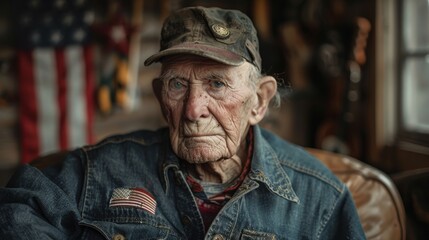 Obraz premium A heartfelt portrait of an elderly veteran in a cozy home or community center, filled with memorabilia and photographs