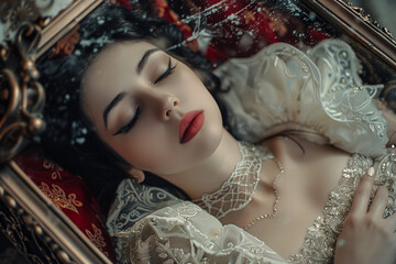 Fototapeta premium Face of beautiful Snow White woman sleeping in glass coffin