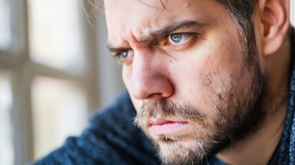 Pensive young adult white man gazing out the window with a thoughtful expression