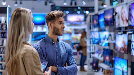 Obraz premium New Beginnings: Young Couple Selects the Perfect TV for Their New Apartment, Making Memories in an Electronic Store