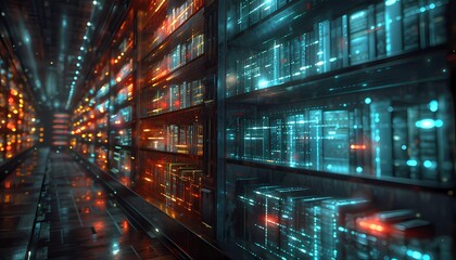 Digital Knowledge Exchange, A virtual library scene with books and screens representing webinar recordings and training materials, 