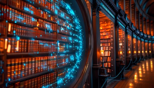 Digital Knowledge Exchange, A virtual library scene with books and screens representing webinar recordings and training materials, 