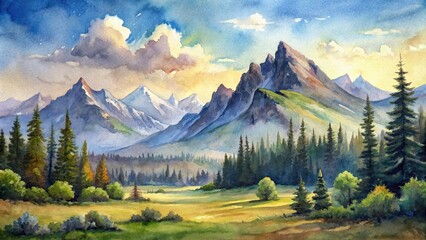 Watercolor painting of a panoramic mountain landscape, Watercolor, painted, panoramic, mountain, landscape, art, nature, scenery