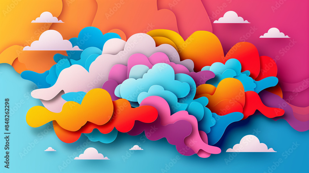 Poster a colorful cloud filled with different colored shapes. the clouds are scattered throughout the sky a