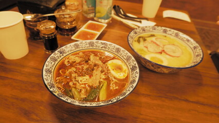 Image of ramen noodles, chilli oil, seasonings, Asian food with Japanese cuisine and retro vintage vibe