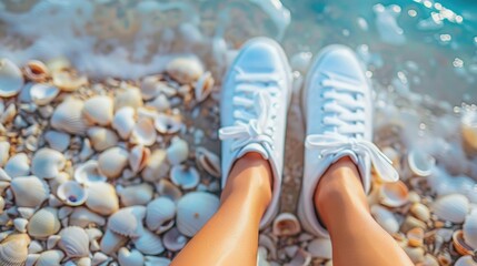 Fototapeta premium Female legs in white sneakers on a seashell beach Travel and vacation